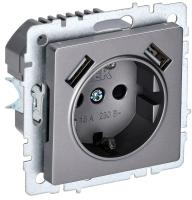 Розетка BRITE РЮш10-2-БрС 16А с USB A+A 3.1А с заземл. защ. шторки сталь IEK BR-R14-16-U21-D31-K46