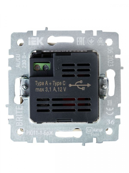 Розетка BRITE USB A+C 18Вт РЮ11-1-БрЖ механизм жемчуж. IEK BR-U22-018-K36