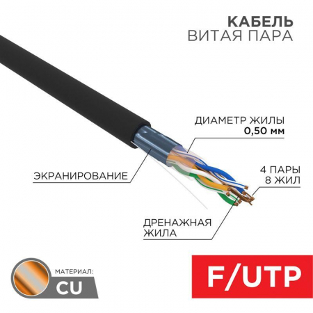 Кабель витая пара F/UTP кат.5e 4х2х24AWG solid ZH нг(А)-HF OUTDOOR черн. (305м) Rexant 01-0165