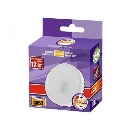Лампа светодиодная PLED-DIM 12Вт таблетка 3000К тепл. бел. GX53 JazzWay 5018396