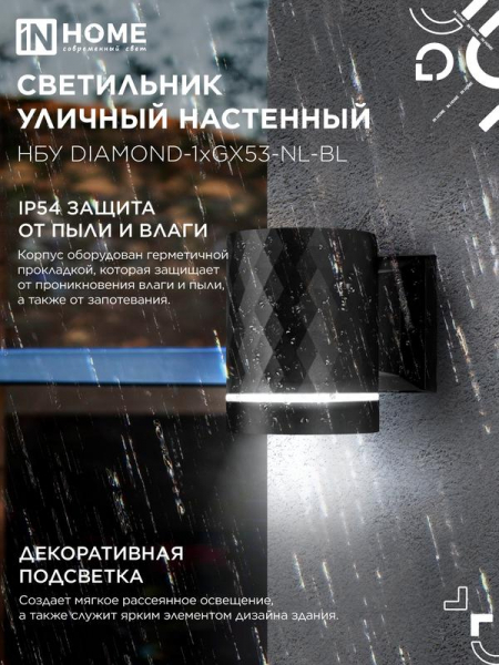 Светильник DIAMOND-1хGX53-NL-BL IP65 под лампу 1хGX53 НБУ уличный настенный односторонний алюм. черн. IN HOME 4690612052861