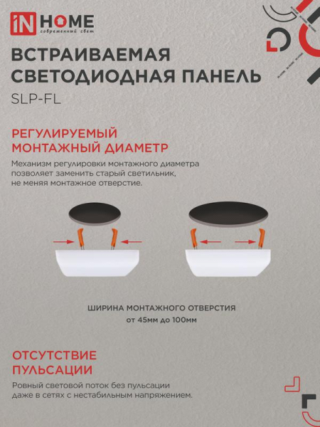 Светильник светодиодный SLP-FL 18Вт 230В 6500К 1620лм 121мм с рег. монтаж. 45-100мм IP20 встраив. безрамочн. панель бел. IN HOME 4690612041803