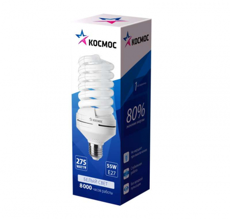 Лампа люминесцентная компакт. SPC 55Вт E27 спиральная 4000К T4 КОСМОС LKsmT4SPC55wE2742