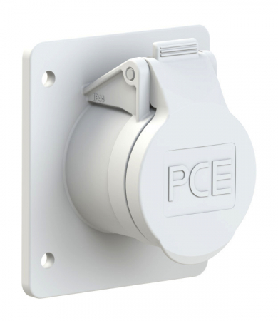 382-12f87v PCE Розетка встраиваемая 16A/42V/2P/IP44,фланец 75х85, никелированные контакты