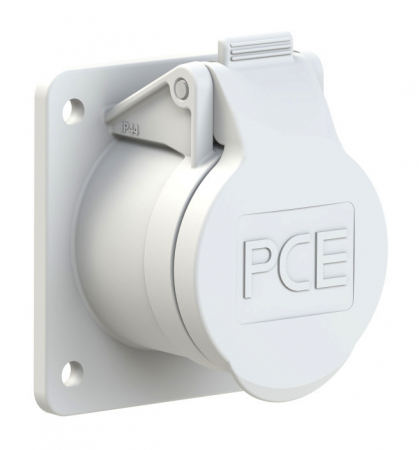 382-12f8v PCE Розетка встраиваемая 16А/42V/2P/IP44, фланец 60х70, никелированные контакты