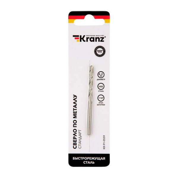 Сверло по металлу 4.2х75х43мм HSS DIN 338 Kranz KR-91-0559
