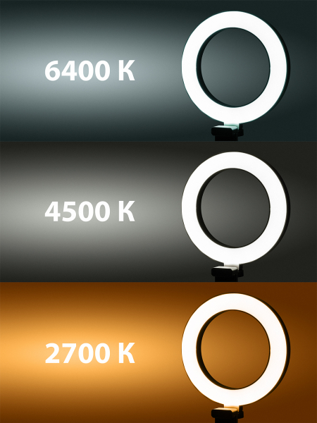 Лампа кольцевая светодиодная 16 см, 6 Вт, 2700-6400 К, штатив наст., диммер, USB, TDM