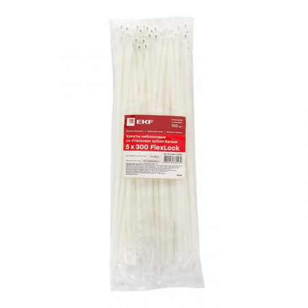 Хомут нейлоновый со стальным зубом (б) 5х300 (уп.100шт) PROxima EKF plc-fl-ctsbw-5x300