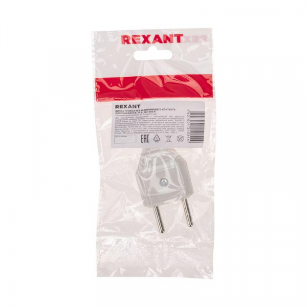 Вилка прямая 6А плоская без заземл. бел. Rexant 11-8946