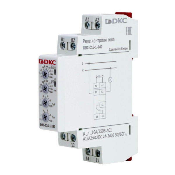 Реле контроля тока тип DRC 1.6-16А конфигурация контакта 1CO 24-240 AC/DC DKC DRC-C16-1-240