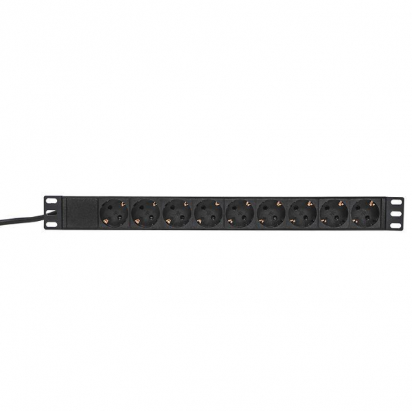 Блок PDU TERACOM PRO 19дюйм 1U 10А/250В 9 роз. Schuko шнур 2м 3х1.5кв.мм вилка C14 корпус алюм. черн. EKF TRP-HPD-10A-9SH-2MC14