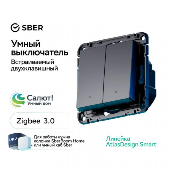 Выключатель 2-кл. AtlasDesign Smart 10А (сх. 5) L+N с подсветкой Zigbee механизм карбон SE ATN001053Z