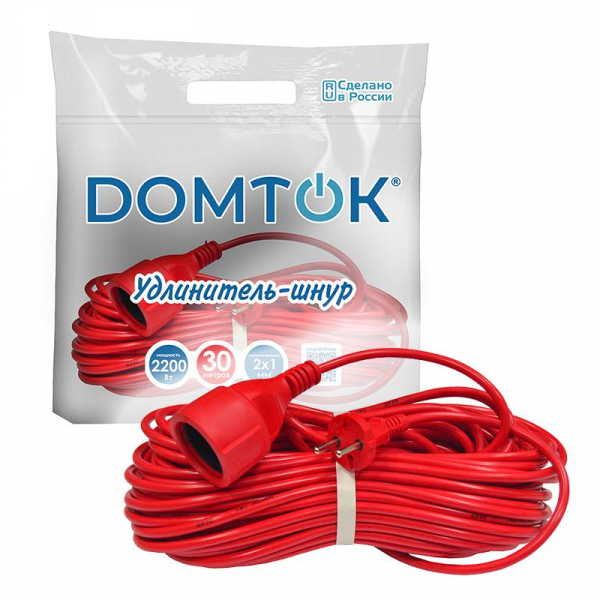 Удлинитель-шнур 1х30м без заземл. 10А IP20 2.2кВт ПВС 2х1 DOMTOK 2490