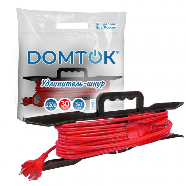 Удлинитель-шнур на рамке 1х30м без заземл. 10А IP20 2.2кВт ПВС 2х1 DOMTOK 2475