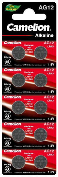 Элемент питания алкалиновый "таблетка" LR43/386A/186/G12 Mercury Free AG12-BP0%Hg для часов BL-10 (блист.10шт) Camelion 12820